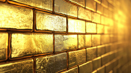 A wall of gold bricks with a shiny, reflective surface. The wall is long and narrow, and the gold bricks are arranged in a pattern. The wall seems to be a part of a building or a structureの素材