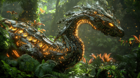 A large, metallic dragon is surrounded by lush green foliage. The dragon is glowing with a bright orange light, giving the impression of a fantastical creature from a far-off landの素材