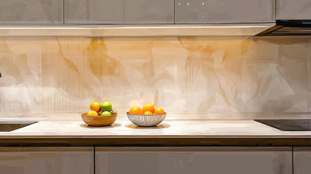 A kitchen counter with a bowl of oranges and a bowl of limes. The counter is white and the bowls are woodenの素材