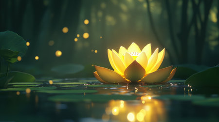 A yellow flower is floating on a pond. The water is calm and the light is shining on the flower, making it look like it's glowing. The scene is peaceful and sereneの素材