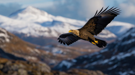 A large eagle is flying over a snowy mountain range. Concept of freedom and power, as the eagle soars high above the mountains. The contrast between the majestic bird and the sereneの素材