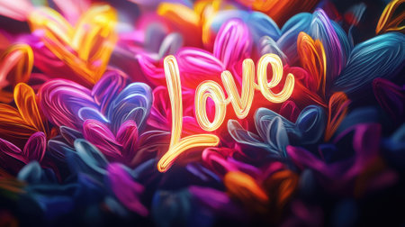 A vibrant background showcases swirling heart shapes in various colors, with the luminous word Love elegantly centered, creating a cheerful atmosphere.の素材