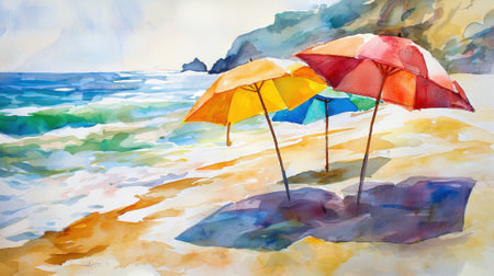 Brightly colored umbrellas stand on a sunlit beach as waves roll in, creating a vibrant scene. The warm sun casts shadows on the fine sand, enhancing the relaxing atmosphere of a perfect day.の素材