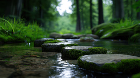 Stepping stones covered in moss lead across a peaceful stream, surrounded by vibrant green foliage in a serene forest setting during morning hours.の素材