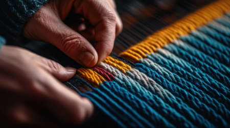 Hands work meticulously with vibrant threads, weaving a detailed pattern. Natural light highlights the textures and colors, showcasing the art of textile creation.の素材