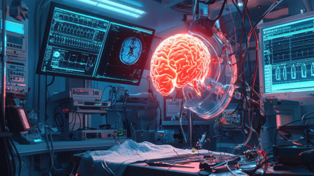 An innovative laboratory displays an illuminated brain model surrounded by advanced neuroimaging equipment, capturing the essence of modern brain research and technology.の素材