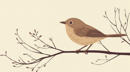 A bird is perched on a branch. The bird is brown and has a black beak. The branch is thin and has a few leaves on it. The image has a peaceful and serene moodの素材