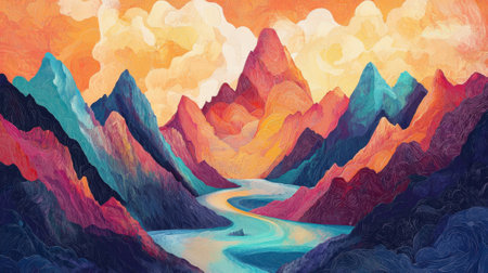 A painting of mountains and a river with a blue boat in the middle. The mountains are in various shades of blue, purple, and pink, and the river is a deep blue color. The painting has a sereneの素材