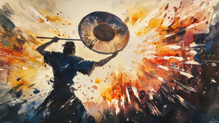 A man is holding a large drum and is about to hit it. The drum is surrounded by a burst of color, which gives the image a sense of energy and excitementの素材