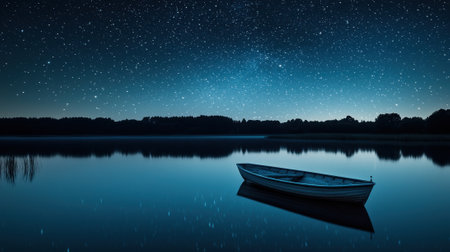 A small boat sits in a lake at night, with the stars shining brightly above. The scene is peaceful and serene, with the calm water reflecting the stars and the moonの素材