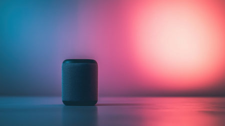 A small black speaker sits on a table in front of a colorful background. The speaker is the main focus of the image, and the colorful background adds a sense of vibrancy and energy to the sceneの素材