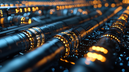 A series of glowing pipes are shown in a close up. The pipes are made of metal and are illuminated with a bright orange light. Concept of technology and innovationの素材