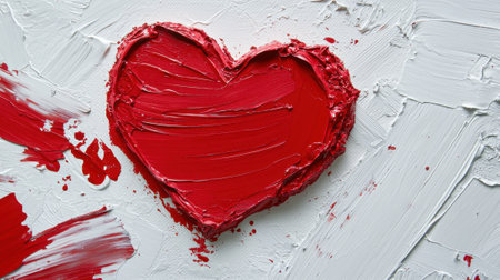 A red heart is painted on a white background. The heart is surrounded by red paint, and it is smeared or splattered. Scene is somewhat chaotic and messyの素材