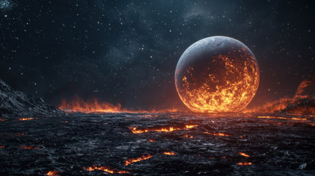 A large, fiery planet with a bright orange ball in the center. The planet is surrounded by a dark, rocky landscape with a few small hills. The scene is set in a vastの素材