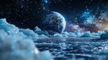A planet is floating in space with a blue sky and a white cloud. The planet is surrounded by ice and snowの素材