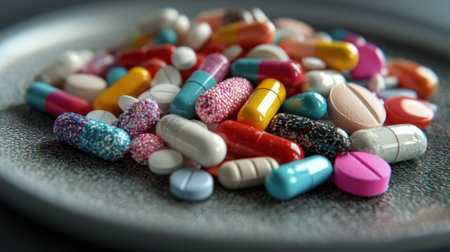 A plate of colorful pills with different shapes and sizes. The pills are scattered all over the plate, creating a visually interesting and diverse scene. Concept of variety and abundanceの素材