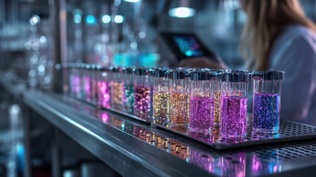 A woman is working in a lab with many colorful vials on a table. The vials are filled with different colored liquids, and the woman is using a tablet to record data. Concept of scientific explorationの素材