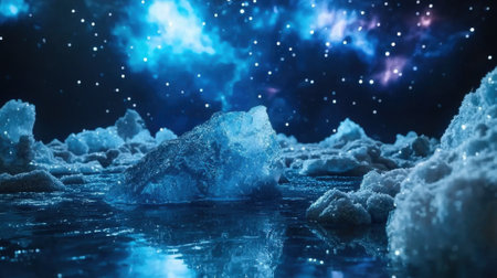 A blue ice block is floating in a body of water. The water is surrounded by ice and snow, creating a serene and peaceful atmosphere. Concept of calmness and tranquilityの素材