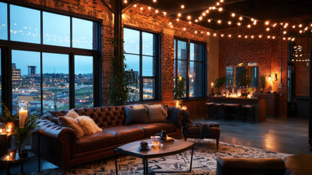 A living room with a brown couch, a coffee table, and a potted plant. The room is lit by candles and has a cozy, warm atmosphereの素材