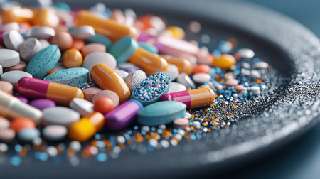 A plate of colorful pills is scattered on a black plate. The pills are of various colors and sizes, and they appear to be in different stages of being crushed or broken. Concept of chaos and disorderの素材