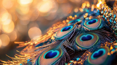 A close up of a peacock's feathers, with the blue and green colors of the feathers shining brightly. The feathers are arranged in a way that creates a sense of movement and flowの素材