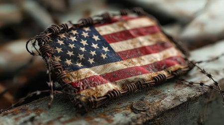A worn and tattered American flag is displayed on a rusty metal surface. The flag is surrounded by barbed wire, giving it a sense of danger and decay. The image evokes a feeling of nostalgia and lossの素材