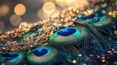 A close up of a peacock's feather with a gold and blue design. The feather is surrounded by a gold and blue necklace. Concept of elegance and beauty, as the intricate design of the featherの素材