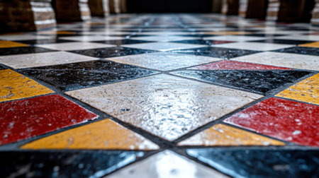 A floor with a checkered pattern and a white tile in the middle. The floor is wet and shinyの素材