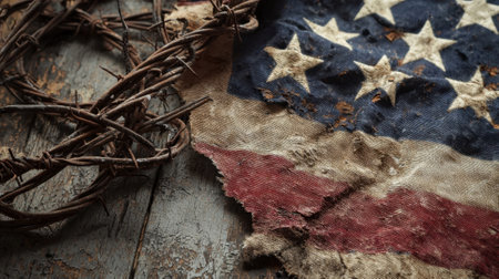 A weathered American flag is on a table with a cross and barbed wire. The flag is torn and tattered, and the cross and wire are placed around it. Concept of sacrifice and lossの素材