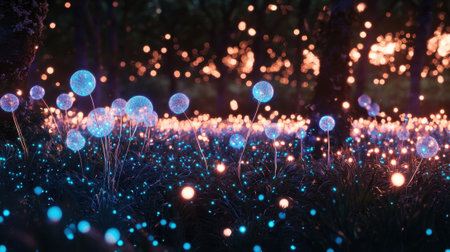 A beautiful field of blue flowers with glowing lights in the background. The flowers are scattered throughout the field, creating a serene and peaceful atmosphere. The lights add a touch of magicの素材