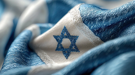 A blue and white cloth with a star of David embroidered on it. The cloth is draped over a tableの素材