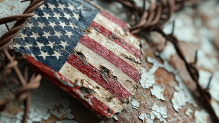 A worn out American flag is stuck to a rusty fence. The flag is tattered and torn, and the fence is barbed wire. Concept of decay and abandonmentの素材