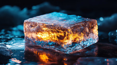 A cube of ice with a yellowish glow on it. The ice is surrounded by water and he is meltingの素材