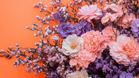 A bouquet of flowers with pink and purple petals. The flowers are arranged in a way that they look like they are blooming. Scene is cheerful and vibrantの素材