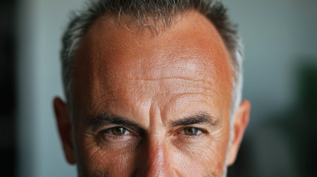 A man with a bald head and a beard is looking at the camera. He has a serious expression on his faceの素材