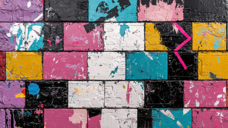 A colorful wall made of bricks with pink, blue, and yellow blocks. The wall has graffiti on it and is covered in paintの素材