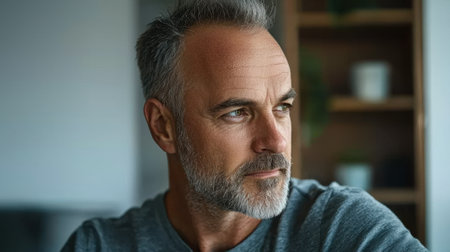 A man with a beard and gray hair is looking at the camera. He is wearing a gray shirt and he is in a contemplative moodの素材