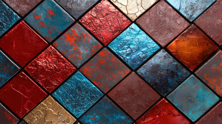 A colorful mosaic made of tiles with a gold and red tile in the middle. The tiles are arranged in a pattern that creates a sense of depth and texture. Scene is vibrant and lively, with the goldの素材