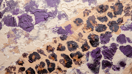 A painting of a leopard with purple and brown spots. The painting is abstract and has a lot of textureの素材