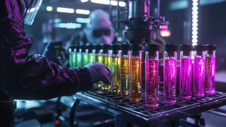 A person is working with a variety of colored liquids in a lab. The atmosphere is scientific and focused, with the person wearing a lab coat and gloves. The bottles are arranged in a rowの素材