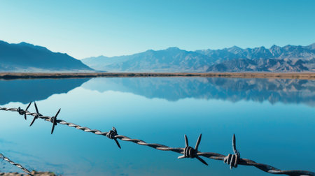 A wire fence is on the water, with a reflection of the mountains in the water. The scene is serene and peaceful, with the mountains in the background and the water in the foregroundの素材
