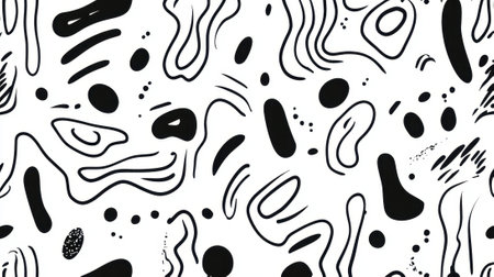 A black and white drawing of a pattern of circles and lines. The drawing is abstract and has a sense of movementの素材