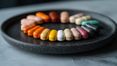 A plate of multicolored pills arranged in a circle. The pills are of different colors and sizes, and they are all lined up on a black plate. Concept of organization and orderの素材
