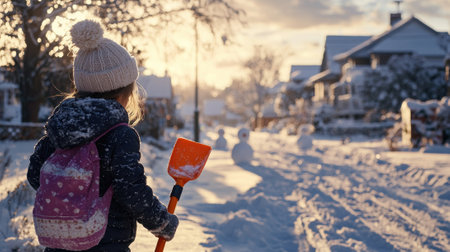 A young girl wearing a white hat and a blue jacket is holding an orange snow shovel. She is standing in the snow, possibly preparing to clear a path or build a snowmanの素材