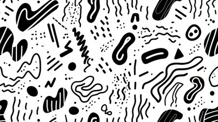 A black and white drawing of a pattern with many different shapes and lines. The drawing is abstract and has a lot of energyの素材