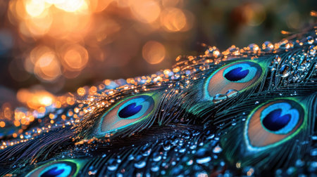 A close up of a peacock's feathers with water droplets on them. The feathers are vibrant and colorful, with a mix of blue and green hues. The water droplets add a sense of freshnessの素材