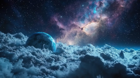 A planet is floating in the sky above a cloud of white clouds. The sky is filled with stars and the planet is surrounded by a blue and purple haloの素材