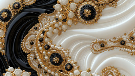 A gold and black design with white pearls. The design is very intricate and detailed. The colors and patterns create a sense of luxury and eleganceの素材