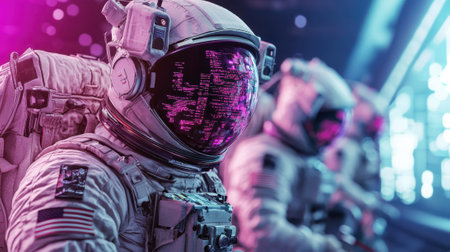 A man in a space suit with a glowing face is surrounded by other men in space suits. The image has a futuristic and sci-fi vibe, with the bright colorsの素材