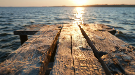 The wooden pier is in the water and the sun is setting. The water is calm and the sky is orangeの素材